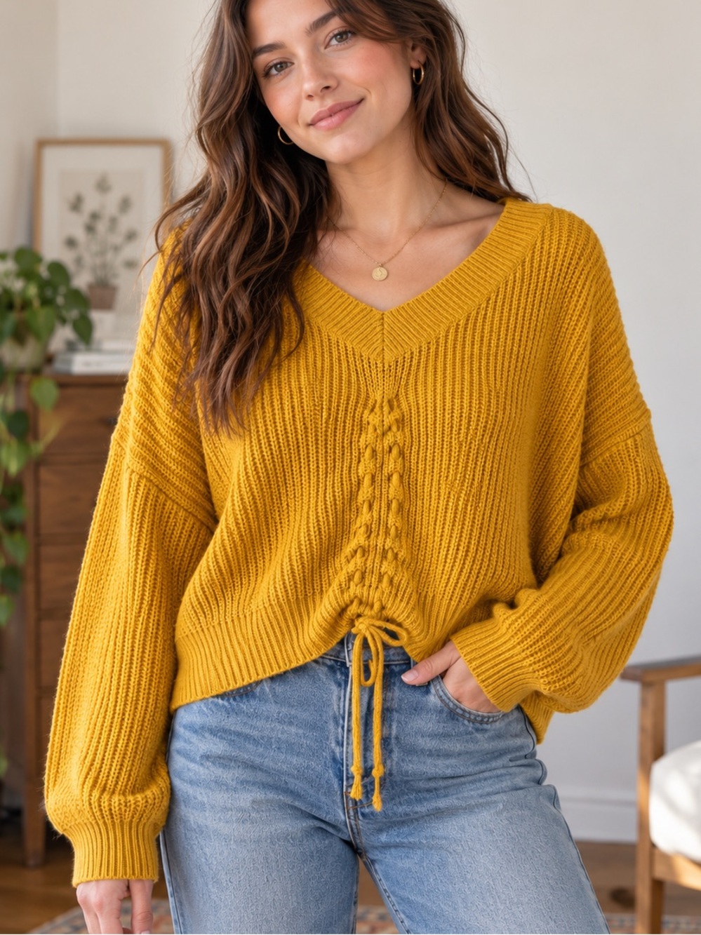 Star + Sky Mustard Ruched V Neck Cropped Sweater Size S